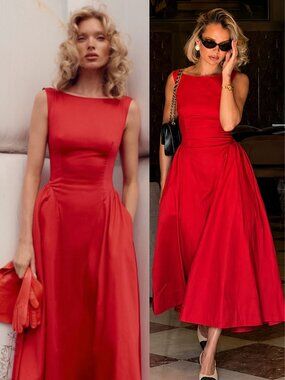 Helsa Stretch Cotton Sateen Dress Red Boat Neck Scoop Back Midi NWT Size XS